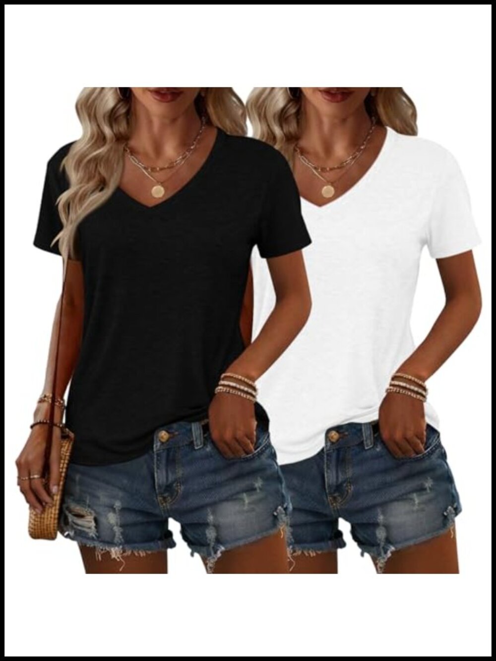 2 Pack Womens V Neck Short Sleeve Casual T Shirts Summer Tops